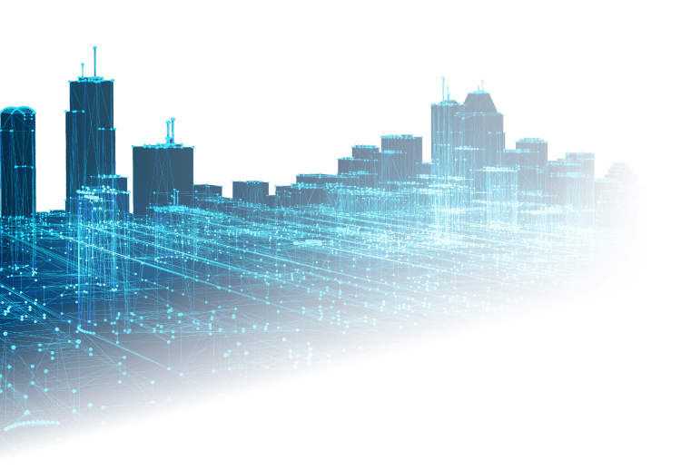 ビットコインとデジタル都市の未来を象徴する青い都市のグラフィック